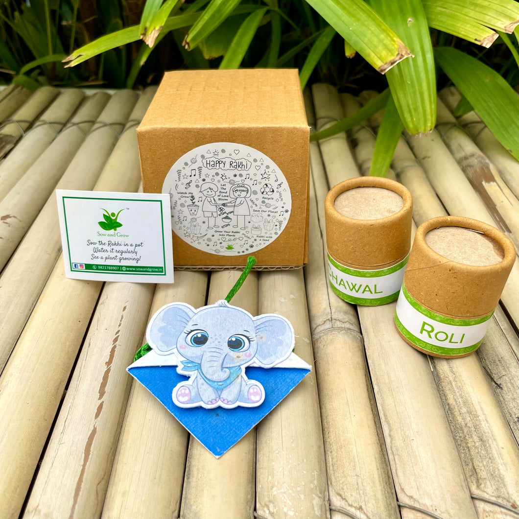 Baby Elephant :Kids 3-in-1 Bookmark Plantable Rakhi with Roil Chawal Combo
