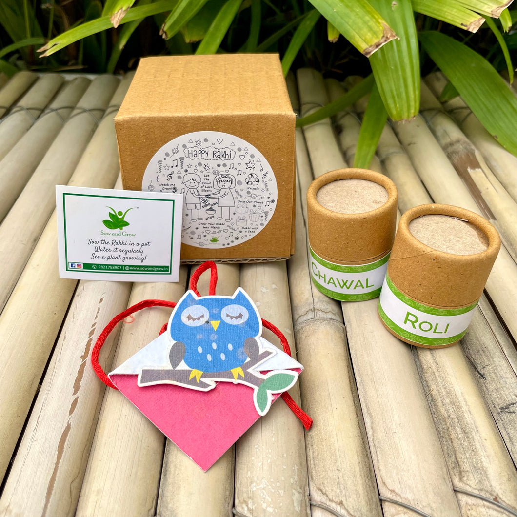 Blue Owl on a Branch: Kids 3-in-1 Bookmark Plantable Rakhi with Roil Chawal Combo