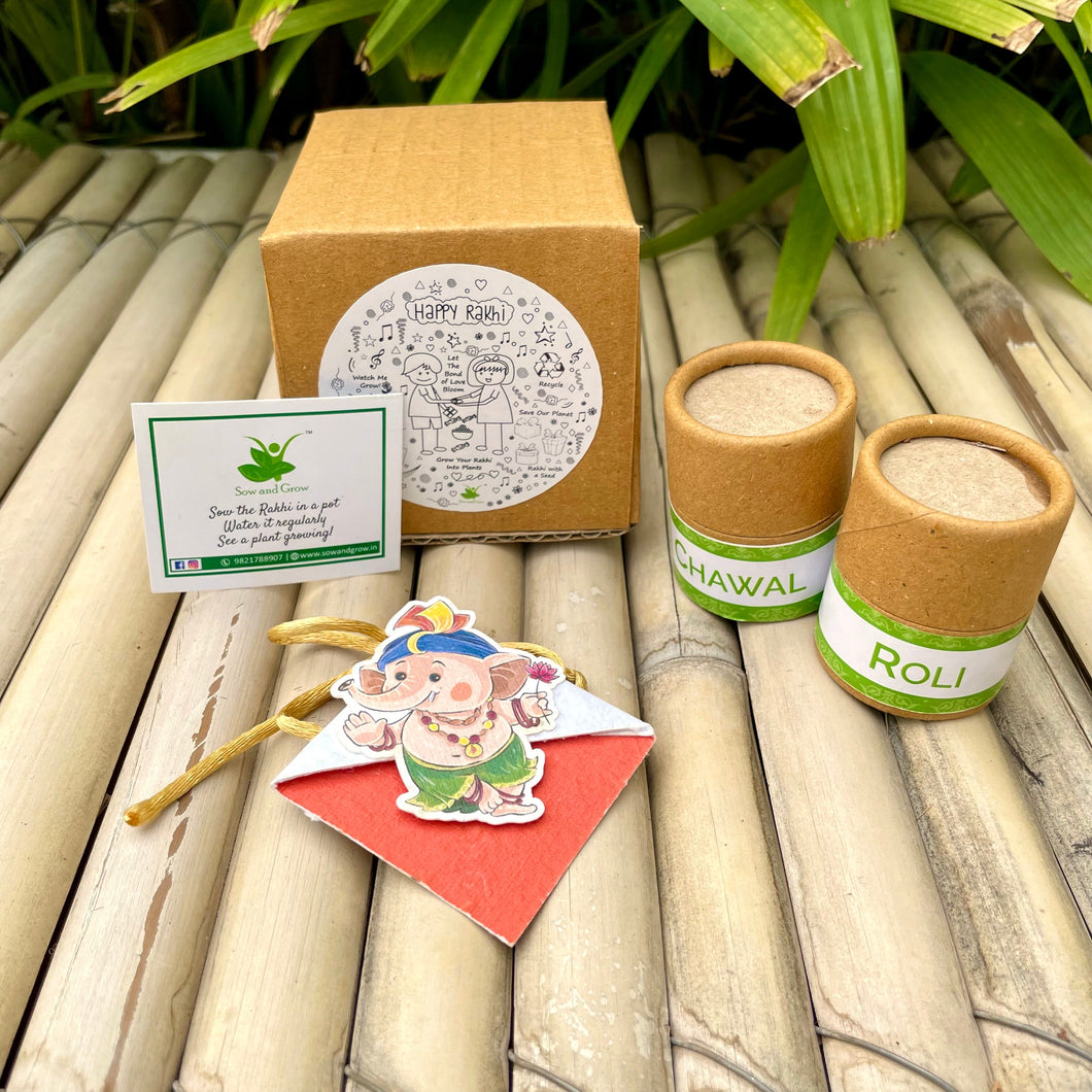 Bal Ganesha: Kids 3-in-1 Bookmark Plantable Rakhi with Roil Chawal Combo