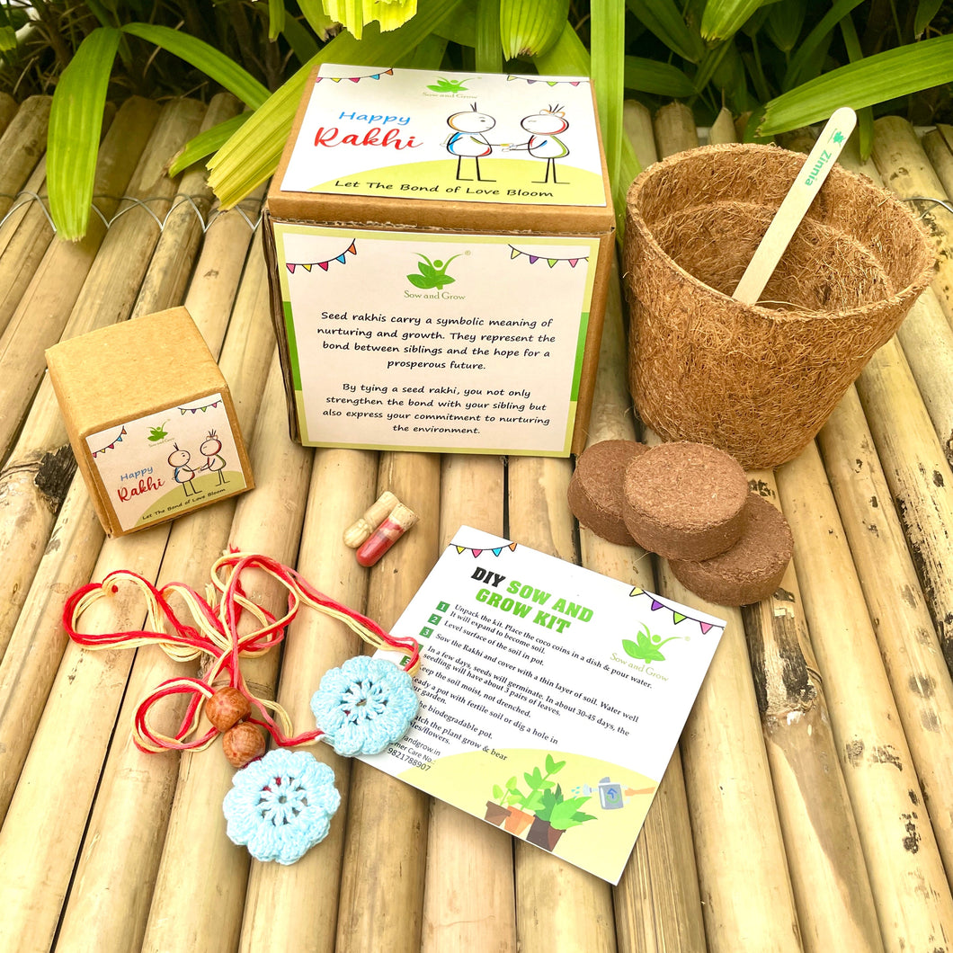 Crochet Thread Rakhi and Lumba with Zinnia Flower Seeds | Combo with a DIY Grow Kit